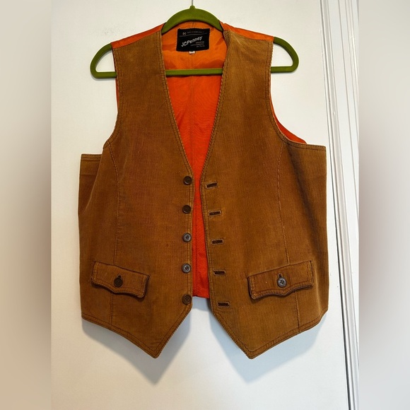 VTG 70’s JCPenney Brown Corduroy suit Vest. Orange Back. Front Pockets. 44L - Picture 1 of 15